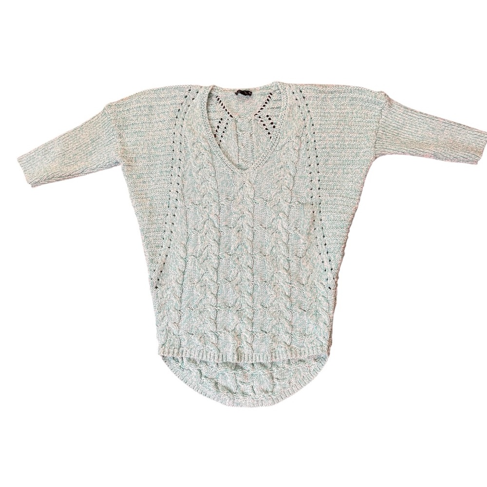 EXPRESS turquoise blue and white high-low cable knit sweater, size XS